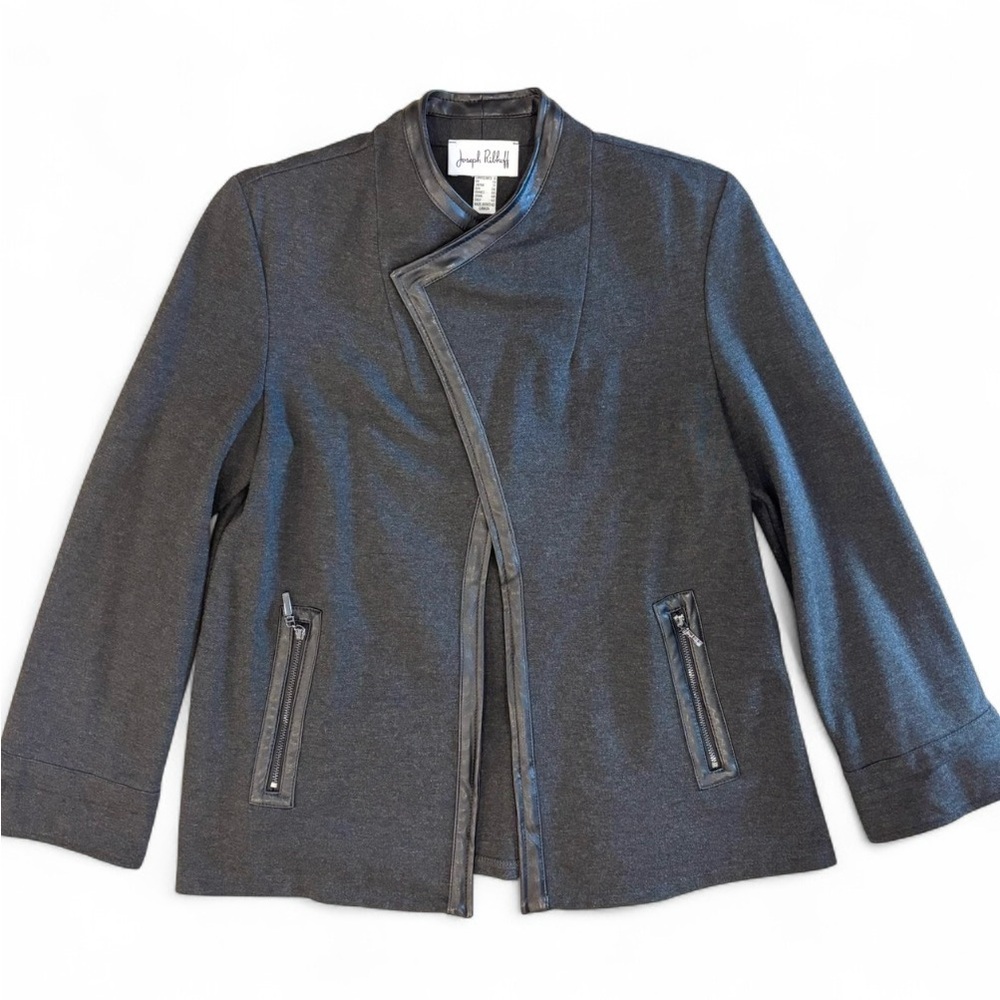 Joseph Ribkoff Charcoal Dark Gray Women's Blazer Jacket With Faux Leather Trim